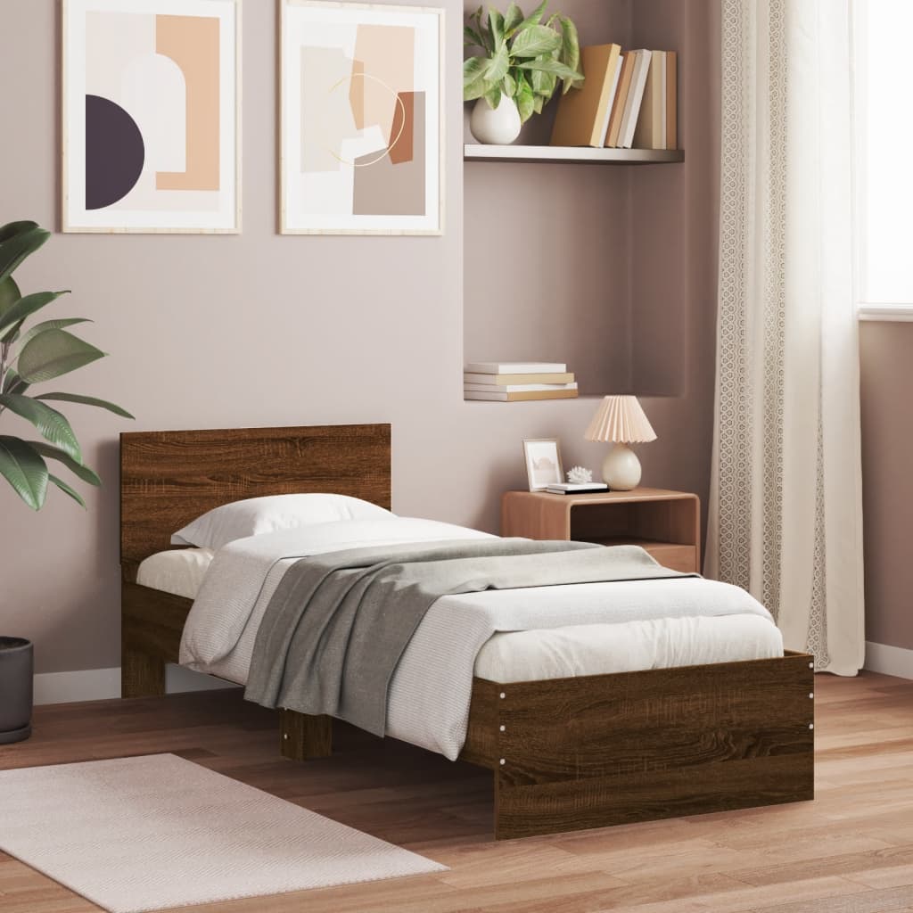 Bed frame without mattress with headboard brown oak 90x200 cm