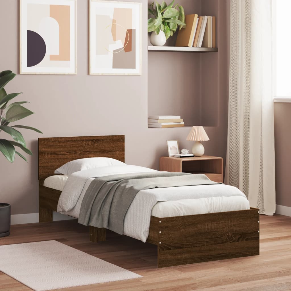 Bed frame without mattress with headboard brown oak 90x190 cm