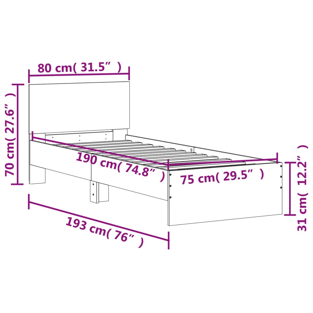 Bed frame with headboard white 75x190 cm wood material