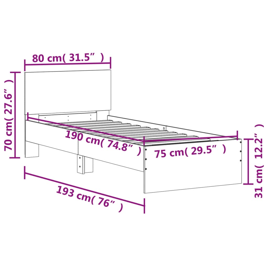 Bed frame without mattress with headboard brown oak 75x190 cm