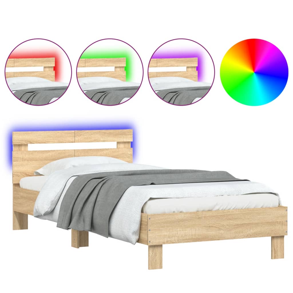 Bed frame with headboard &amp; LED lights Sonoma oak 100x200 cm