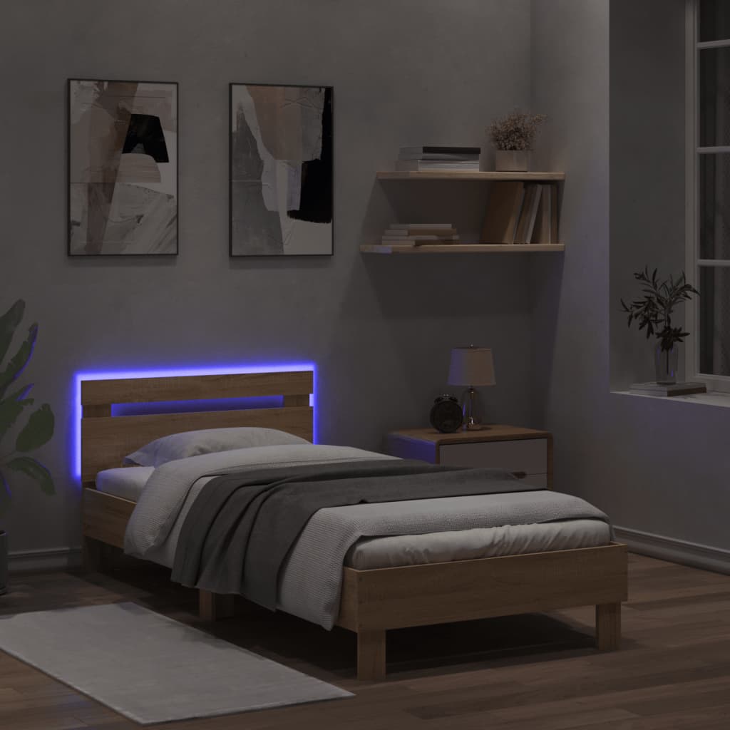 Bed frame with headboard &amp; LED lights Sonoma oak 100x200 cm