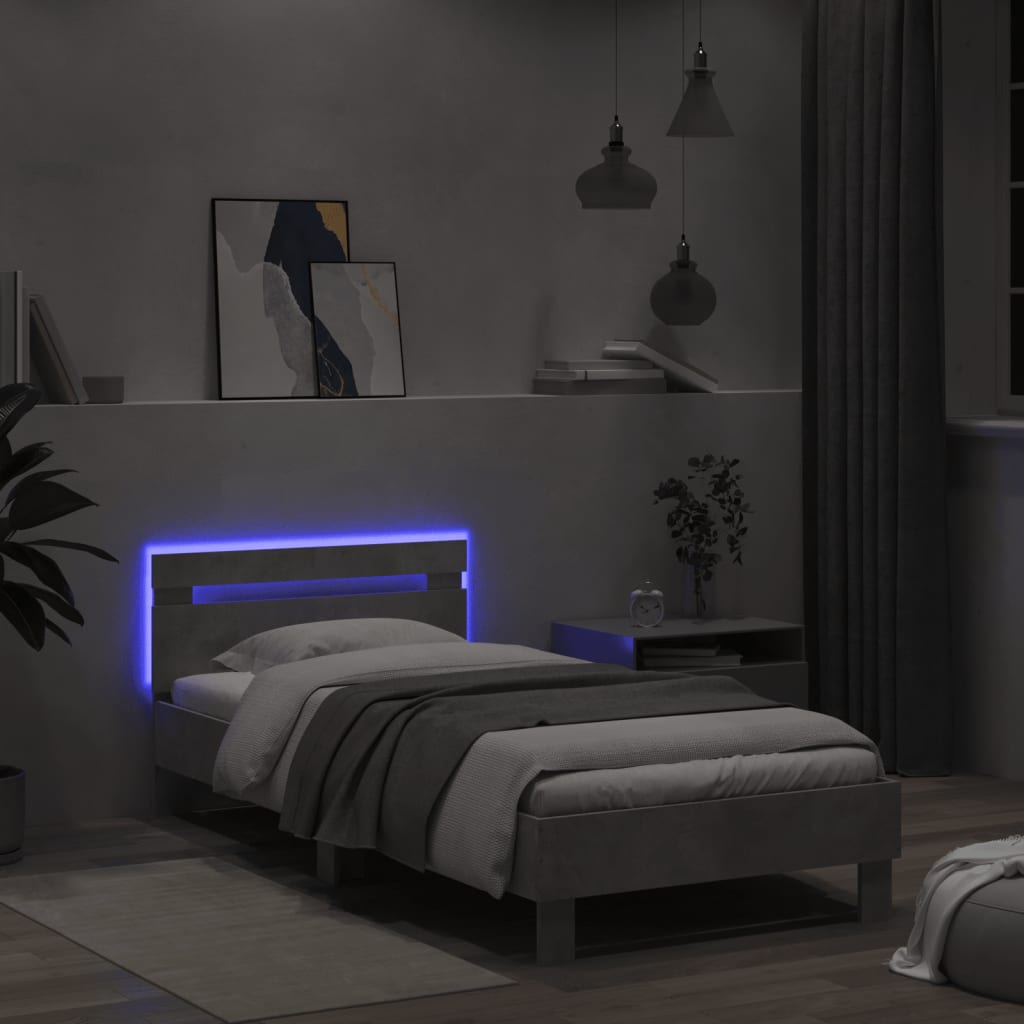 Bed frame with headboard and LED lights concrete grey 100x200 cm