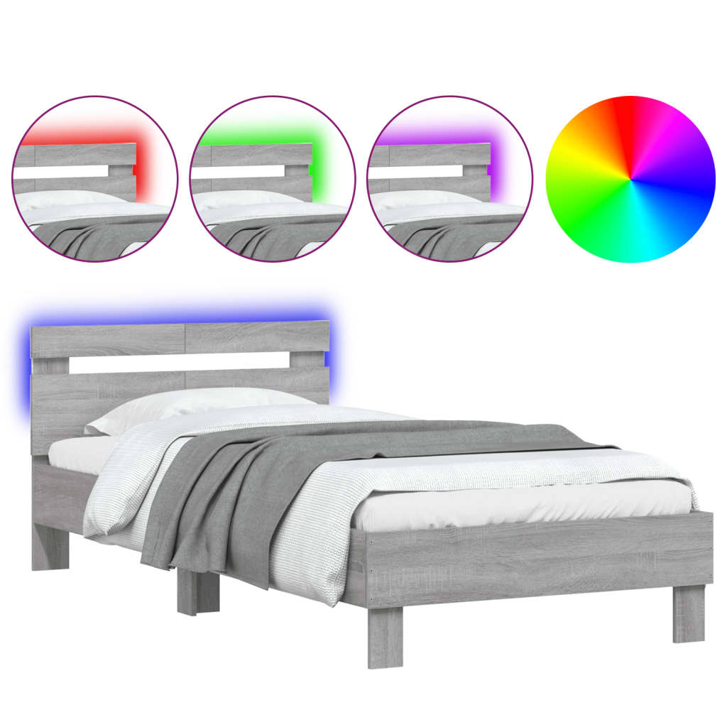 Bed frame with headboard and LED lights Grey Sonoma 100x200cm