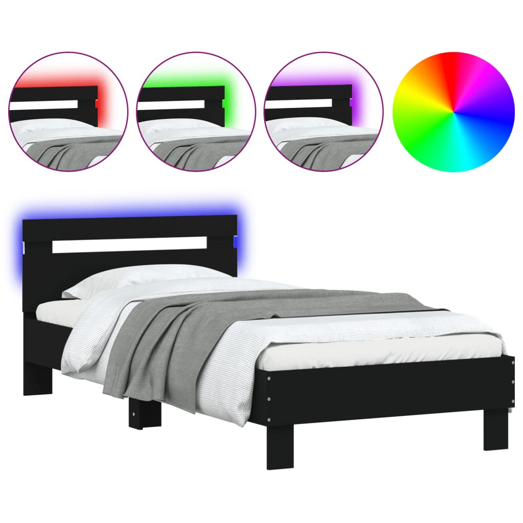 Bed frame with headboard and LED lights Black 90x200 cm