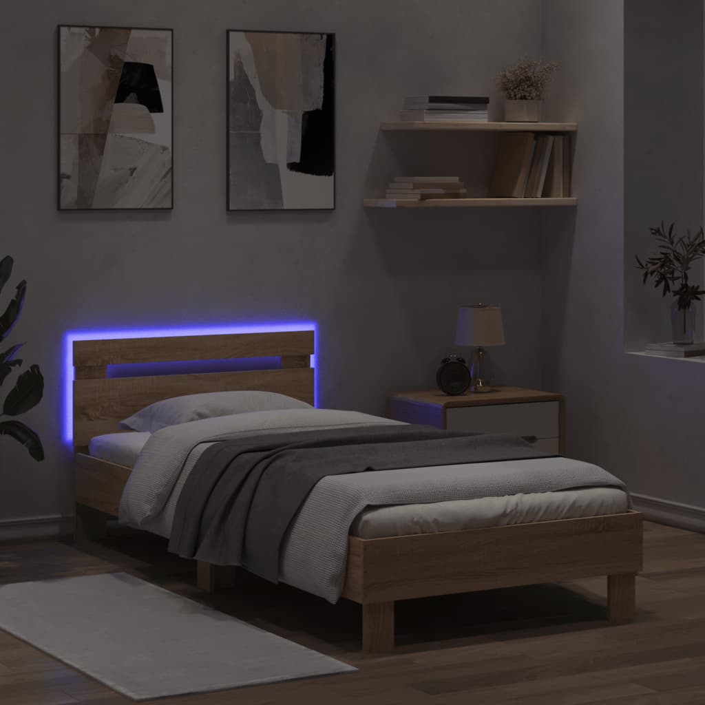 Bed frame with headboard and LED lights Sonoma oak 90x200cm