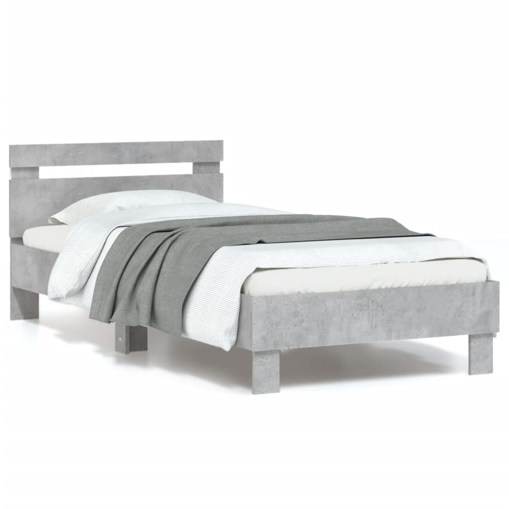 Bed frame with headboard and LED lights concrete grey 90x200 cm