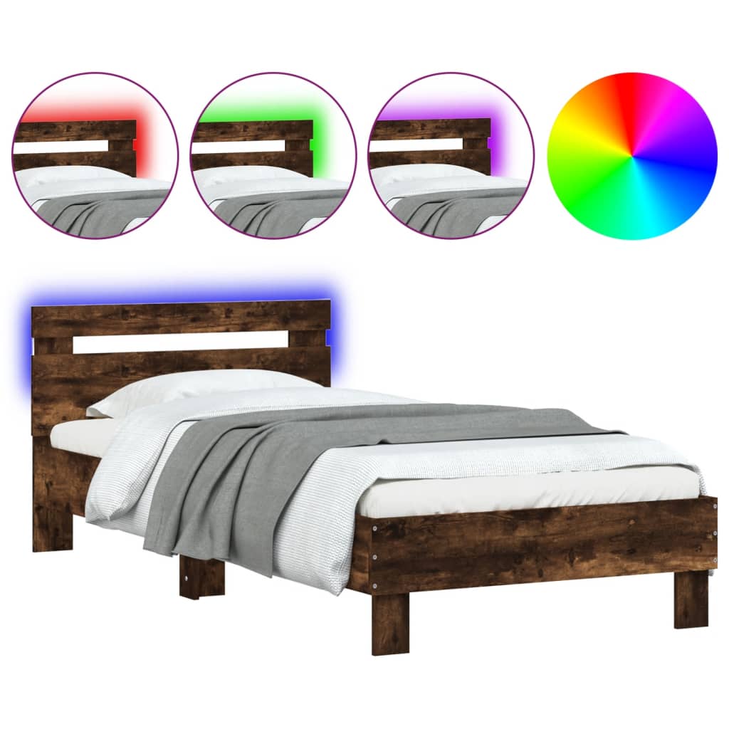 Bed frame with headboard and LED lights smoked oak 90x200cm