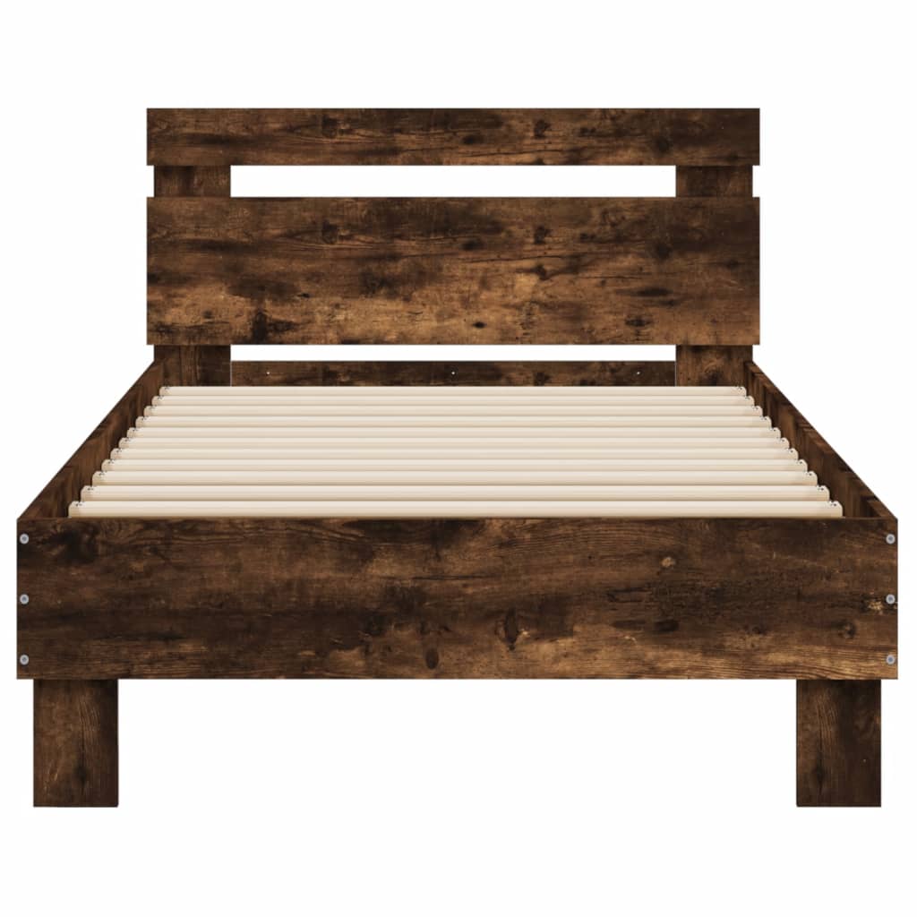 Bed frame with headboard and LED lights smoked oak 90x200cm