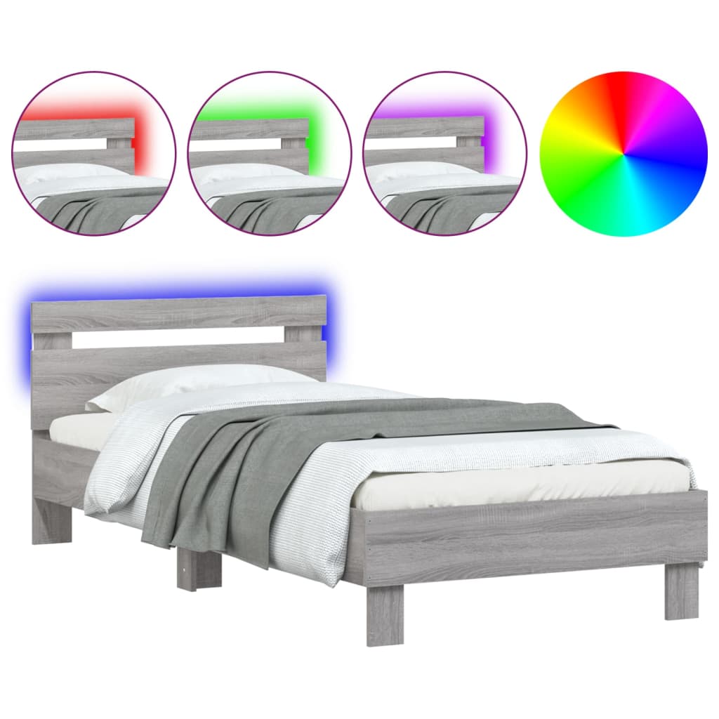 Bed frame with headboard and LED lights Grey Sonoma 90x200 cm