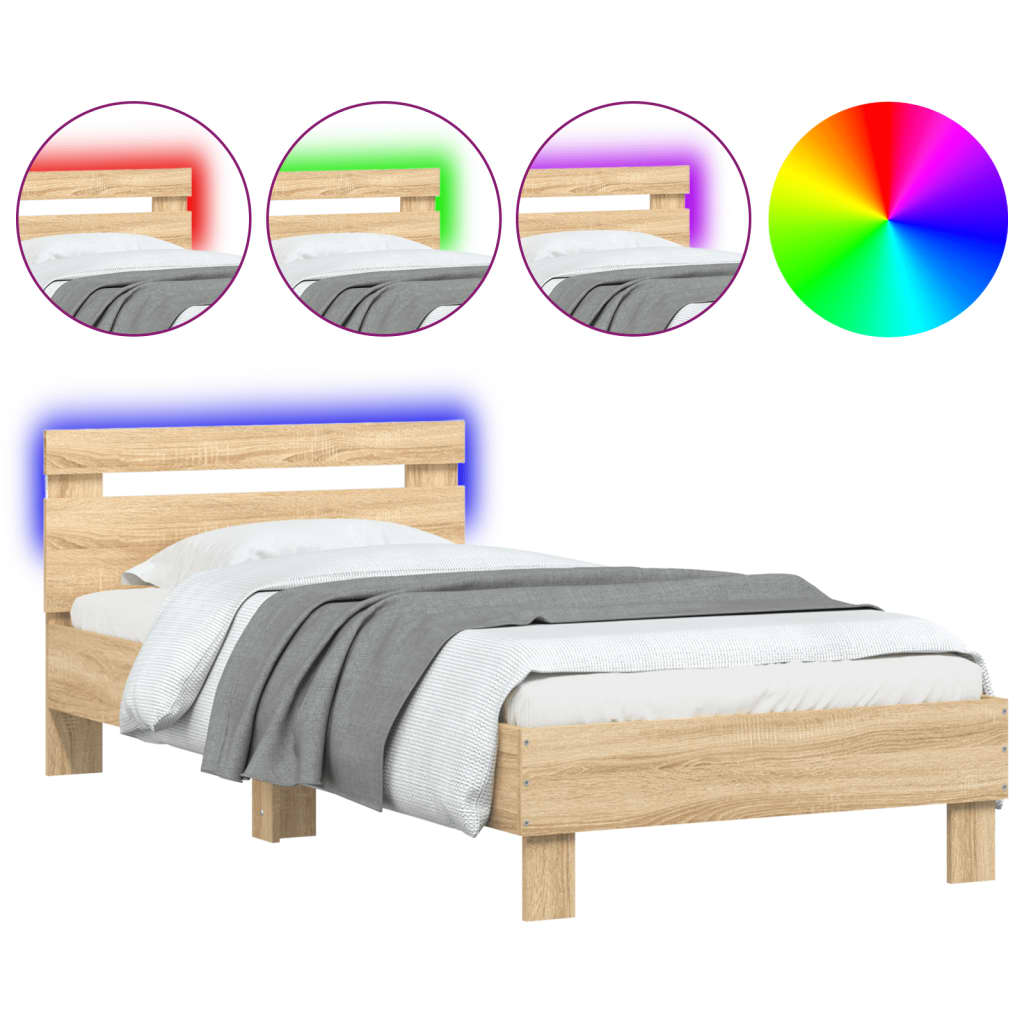 Bed frame with headboard and LED lights Sonoma oak 90x190cm