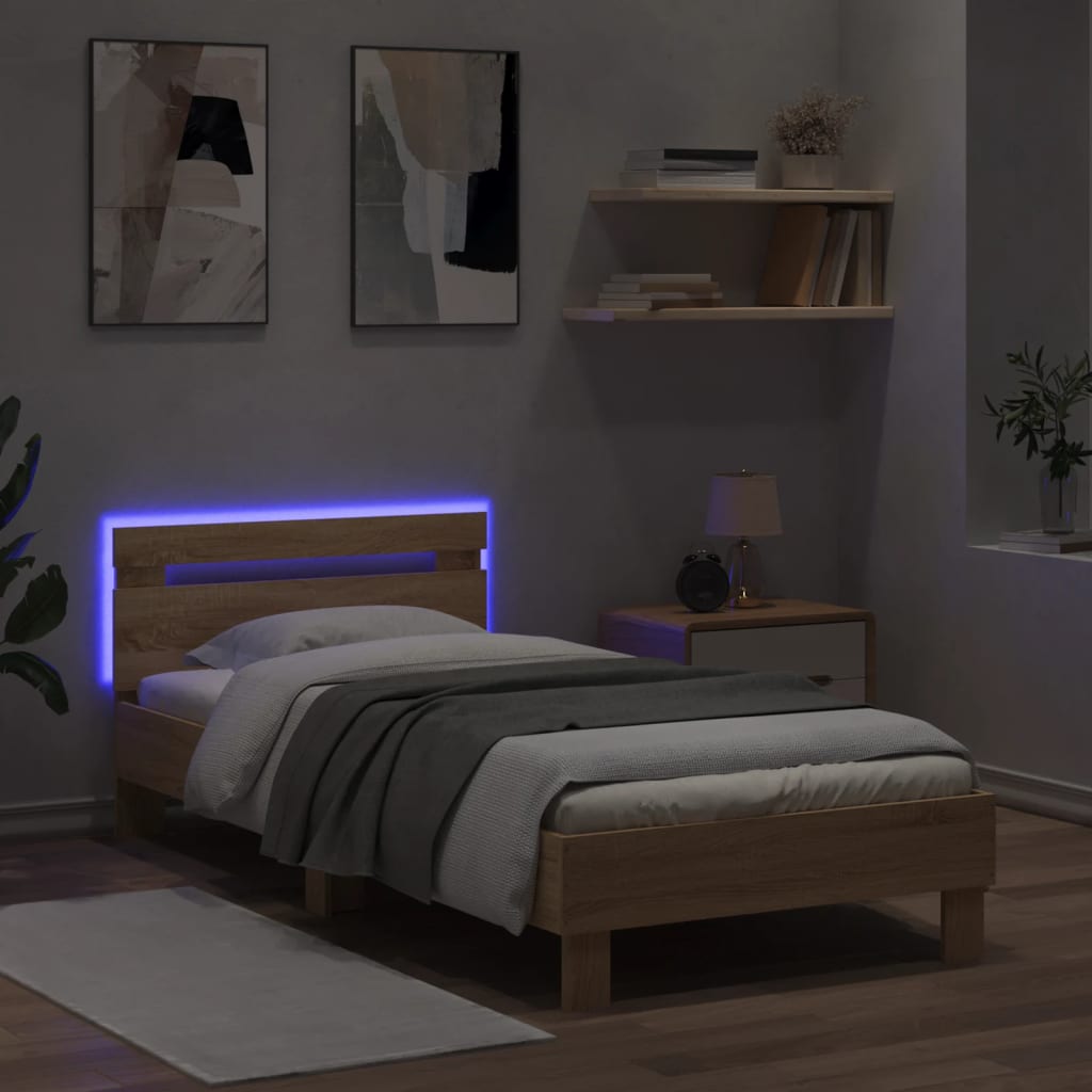 Bed frame with headboard and LED lights Sonoma oak 90x190cm