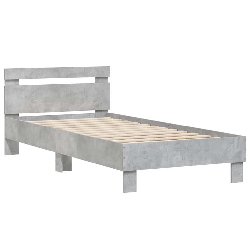 Bed frame with headboard and LED lights concrete grey 90x190 cm