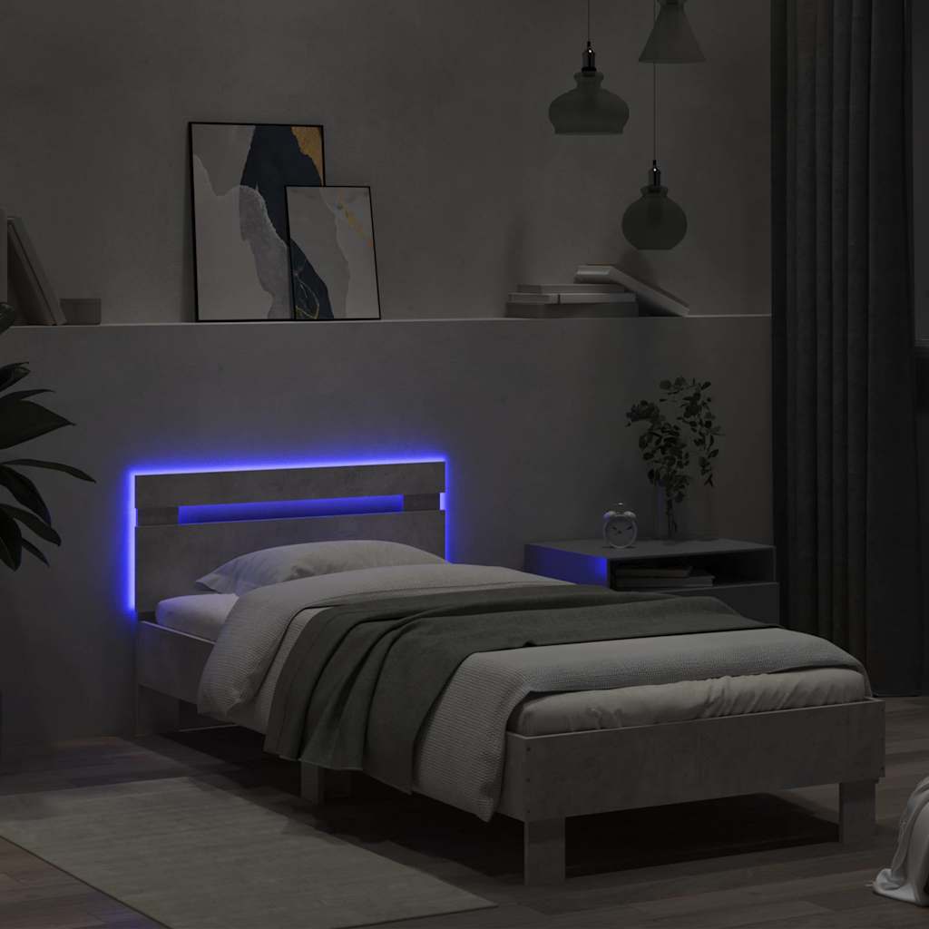 Bed frame with headboard and LED lights concrete grey 90x190 cm