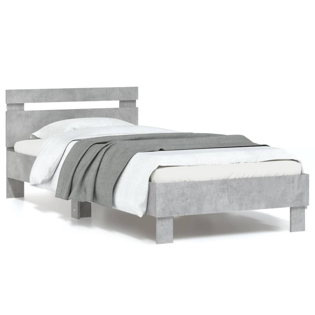 Bed frame with headboard and LED lights concrete grey 90x190 cm