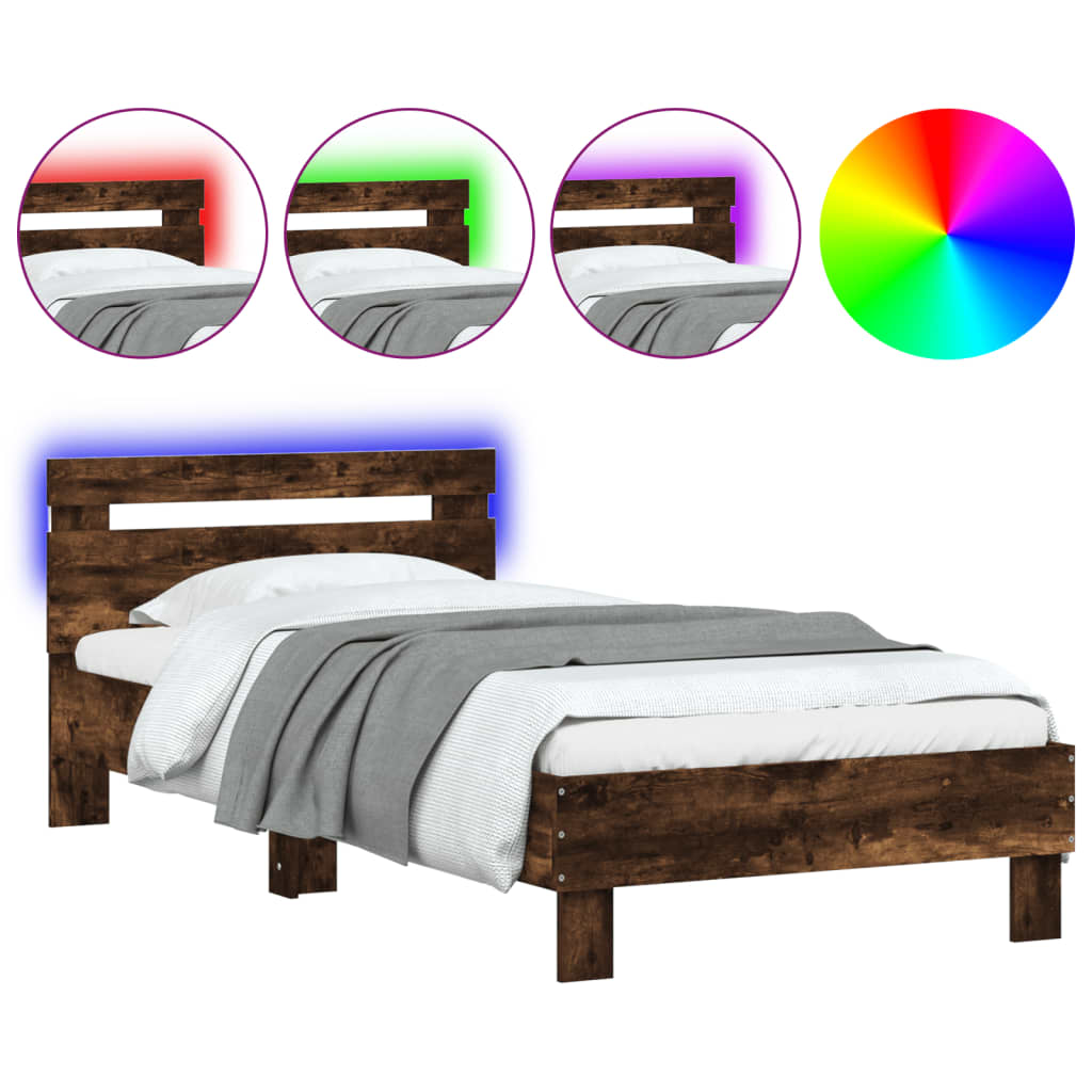 Bed frame with headboard and LED lights smoked oak 90x190cm