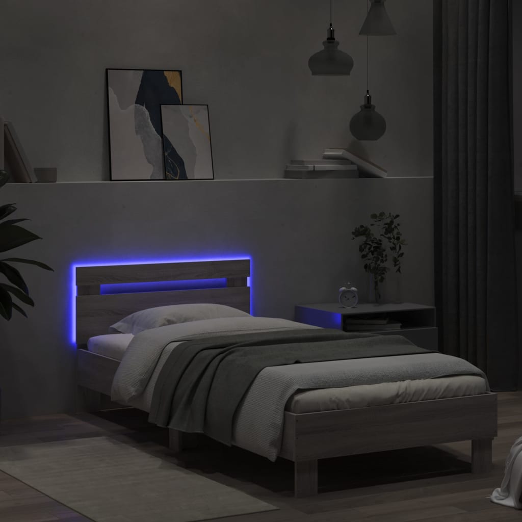 Bed frame with headboard and LED lights Grey Sonoma 90x190 cm