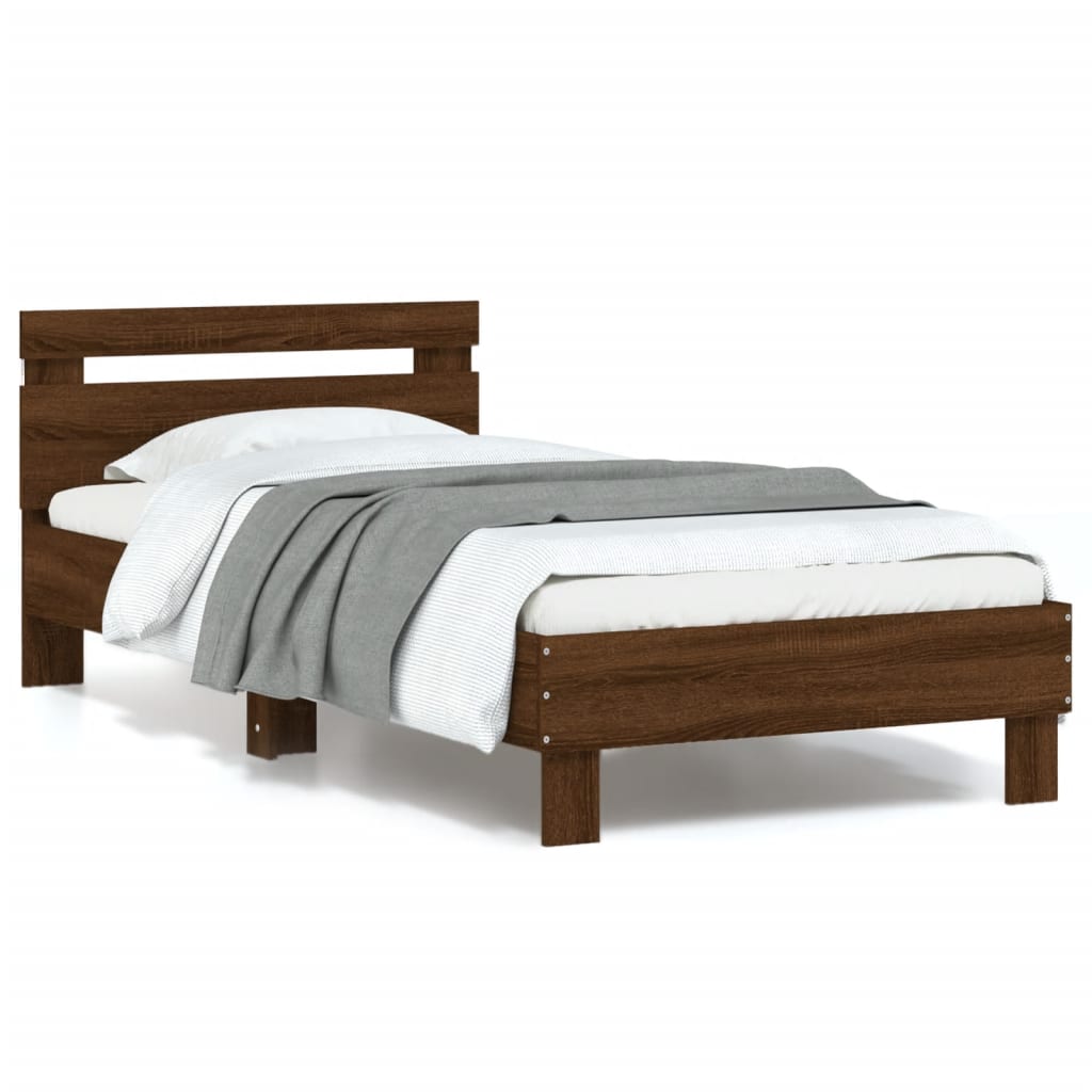 Bed frame with headboard and LED lights brown oak 90x190 cm