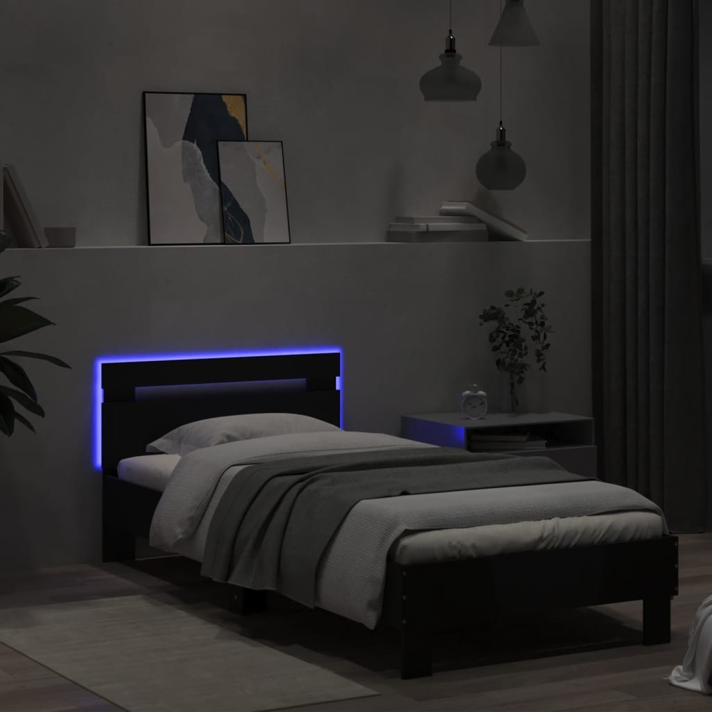 Bed frame with headboard and LED lights Black 75x190 cm