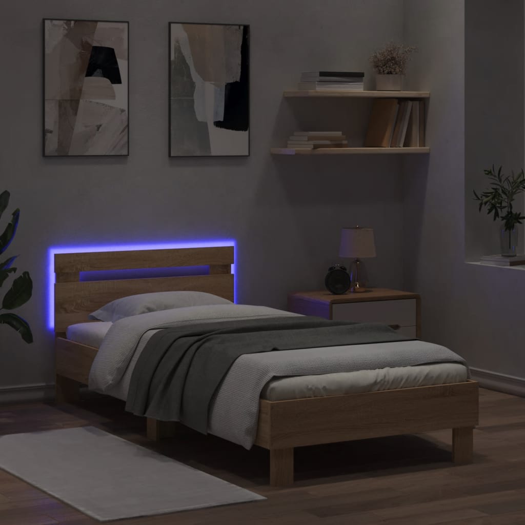 Bed frame with headboard and LED lights Sonoma oak 75x190cm