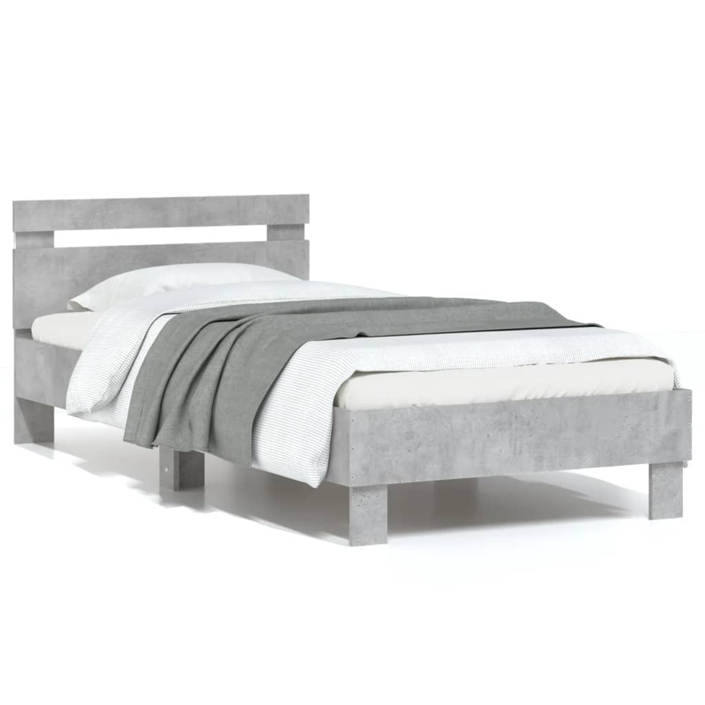 Bed frame with headboard and LED lights concrete grey 75x190 cm