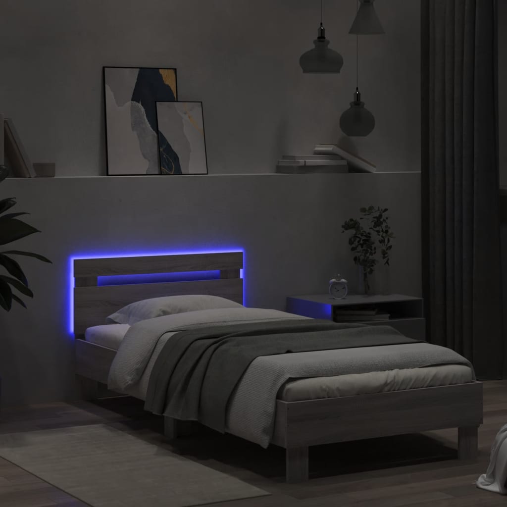 Bed frame with headboard and LED lights Grey Sonoma 75x190 cm