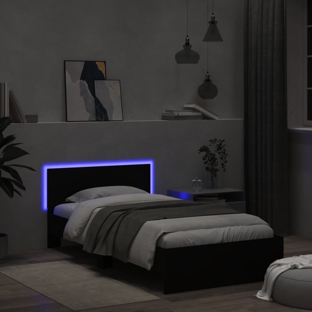 Bed frame with headboard and LED lights Black 100x200 cm