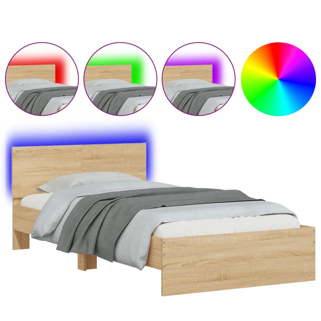 Bed frame with headboard &amp; LED lights Sonoma oak 100x200 cm