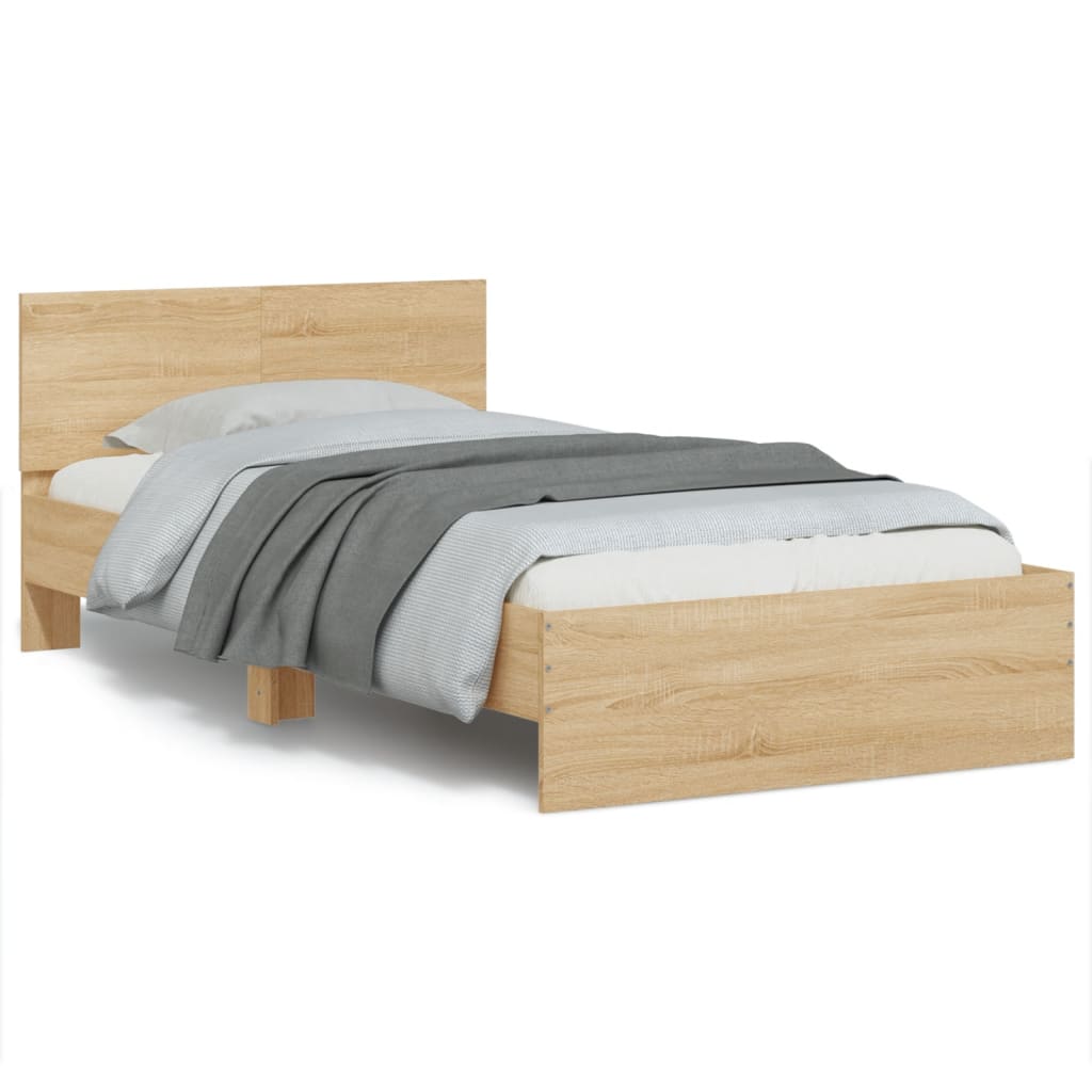 Bed frame with headboard &amp; LED lights Sonoma oak 100x200 cm