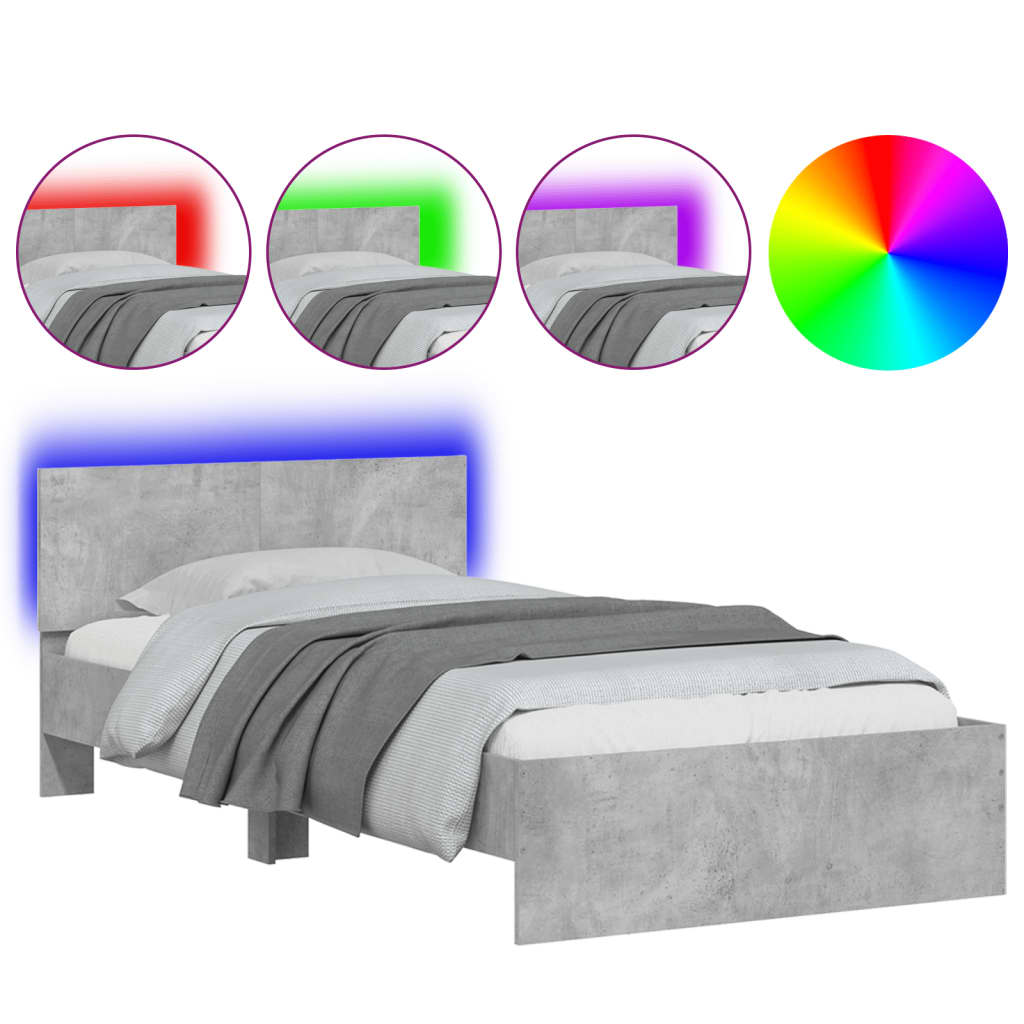 Bed frame with headboard and LED lights concrete grey 100x200 cm