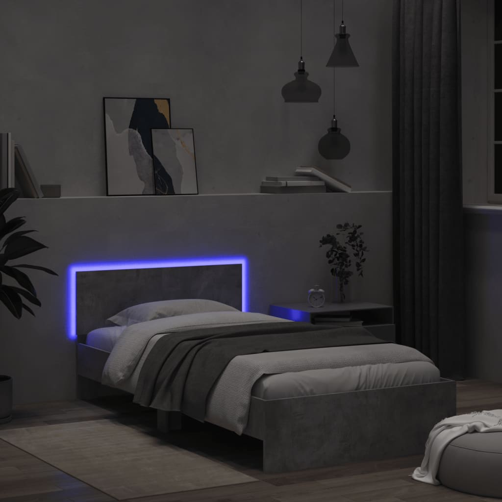 Bed frame with headboard and LED lights concrete grey 100x200 cm