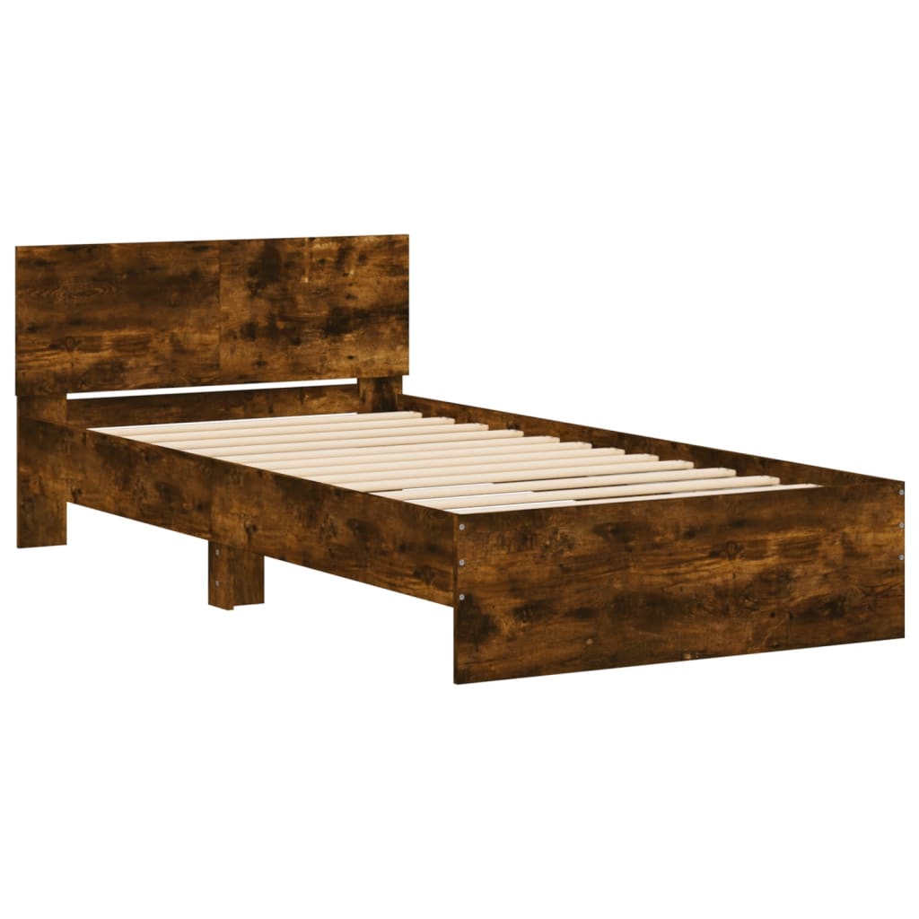 Bed frame with headboard &amp; LED lights smoked oak 100x200 cm