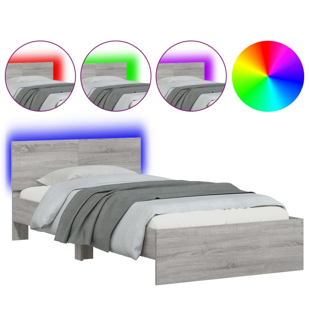 Bed frame with headboard and LED lights Grey Sonoma 100x200cm