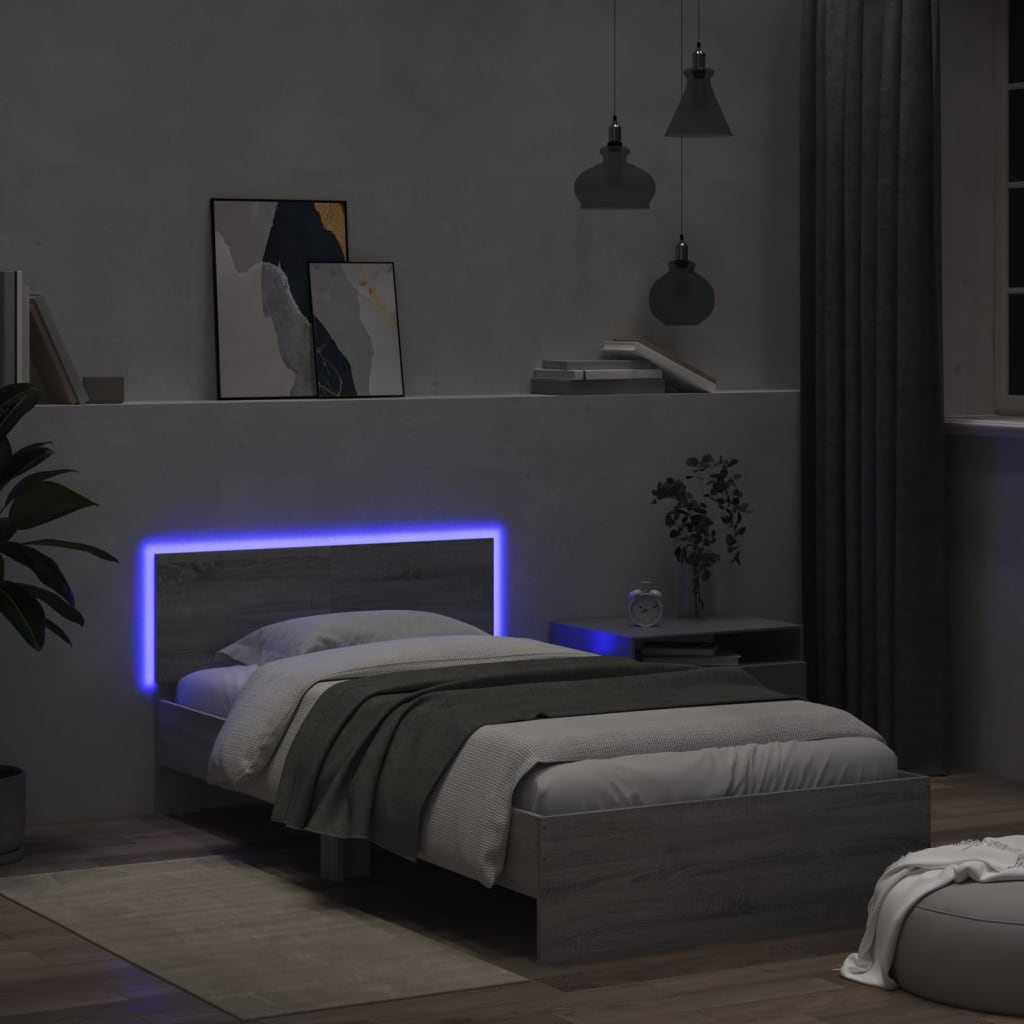 Bed frame with headboard and LED lights Grey Sonoma 100x200cm