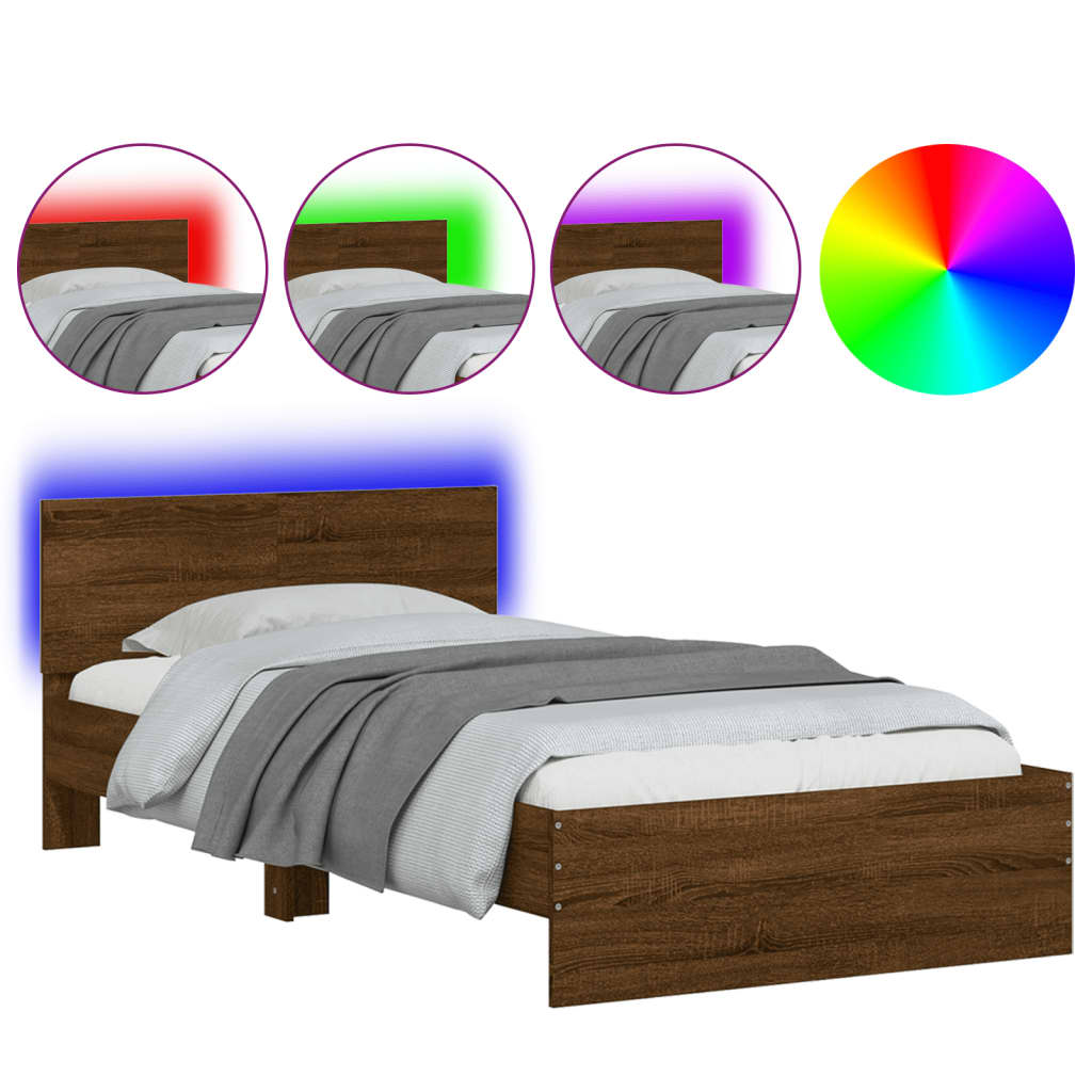 Bed frame with headboard and LED lights brown oak 100x200cm