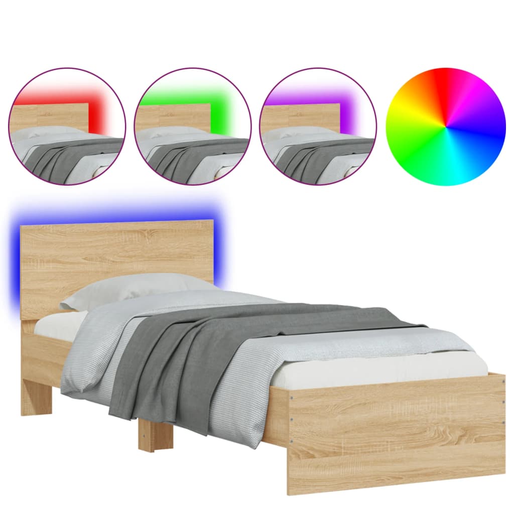 Bed frame with headboard and LED lights Sonoma oak 90x200cm