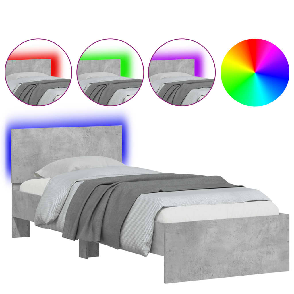 Bed frame with headboard and LED lights concrete grey 90x200 cm