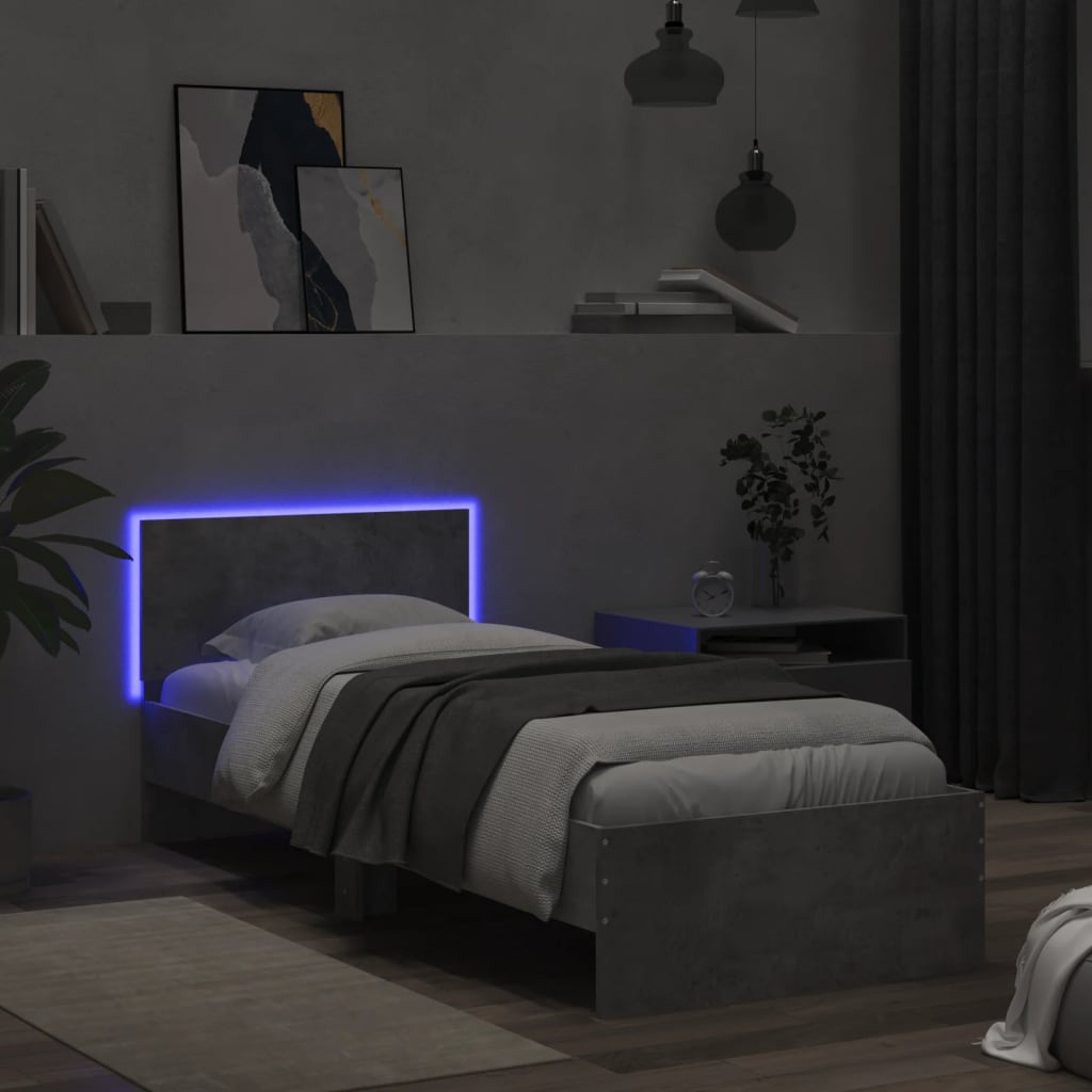 Bed frame with headboard and LED lights concrete grey 90x200 cm