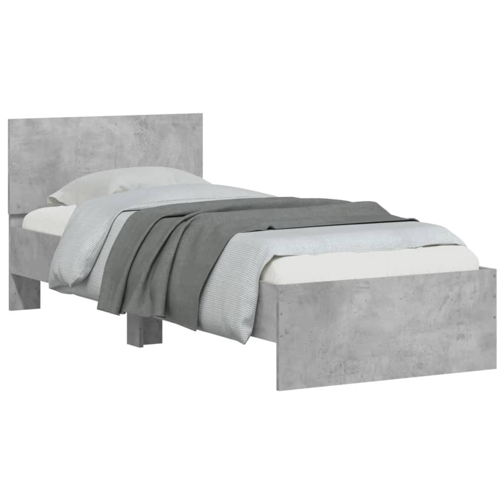 Bed frame with headboard and LED lights concrete grey 90x200 cm