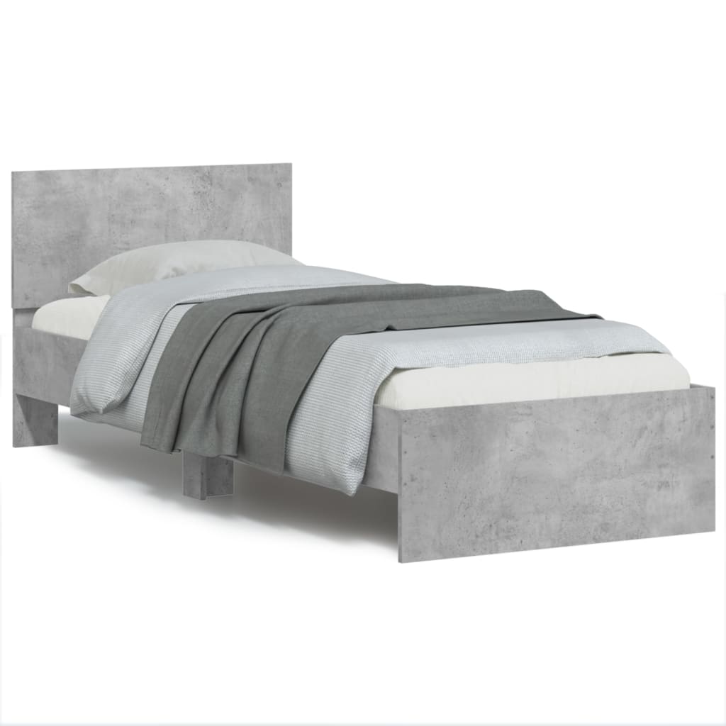 Bed frame with headboard and LED lights concrete grey 90x200 cm