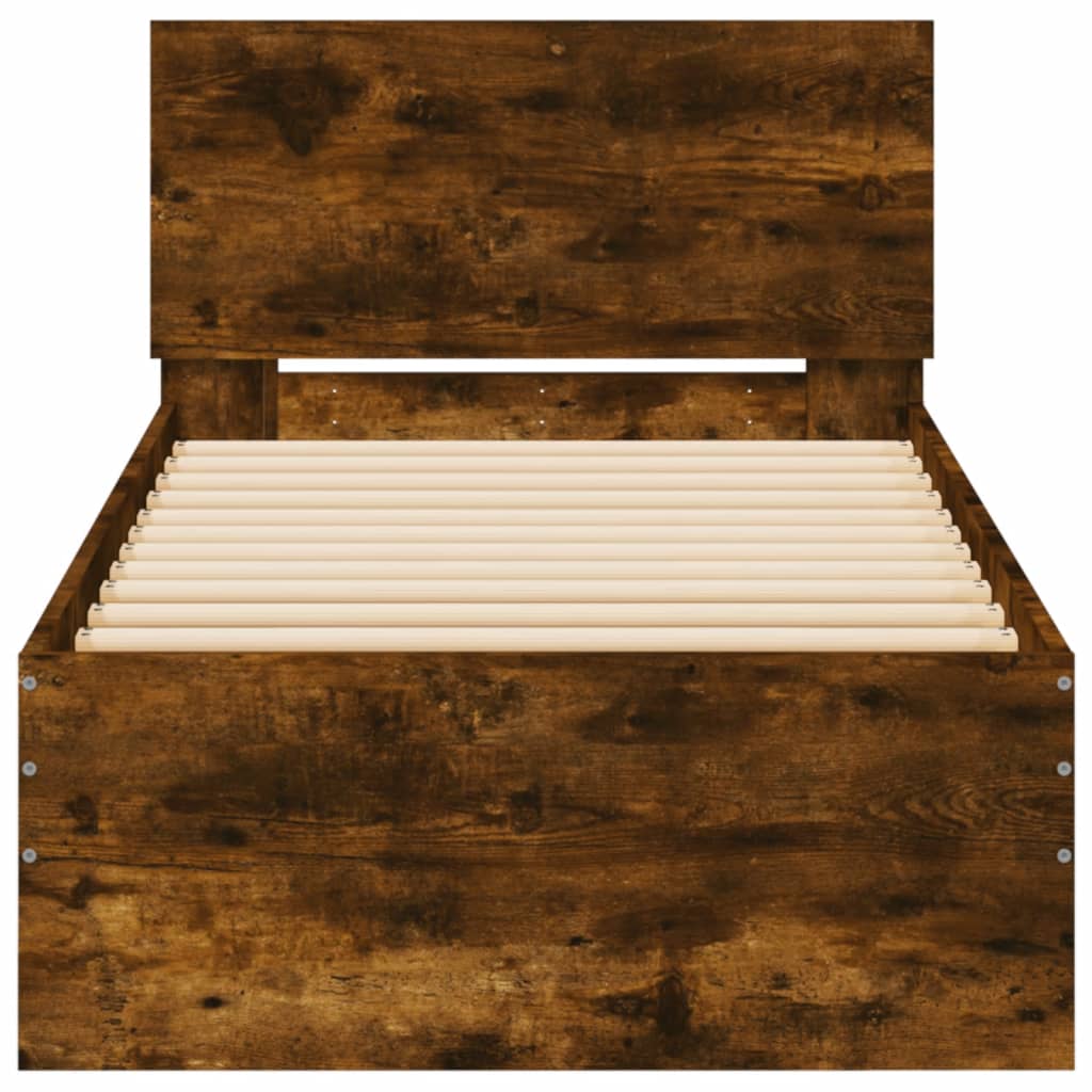 Bed frame with headboard and LED lights smoked oak 90x200cm