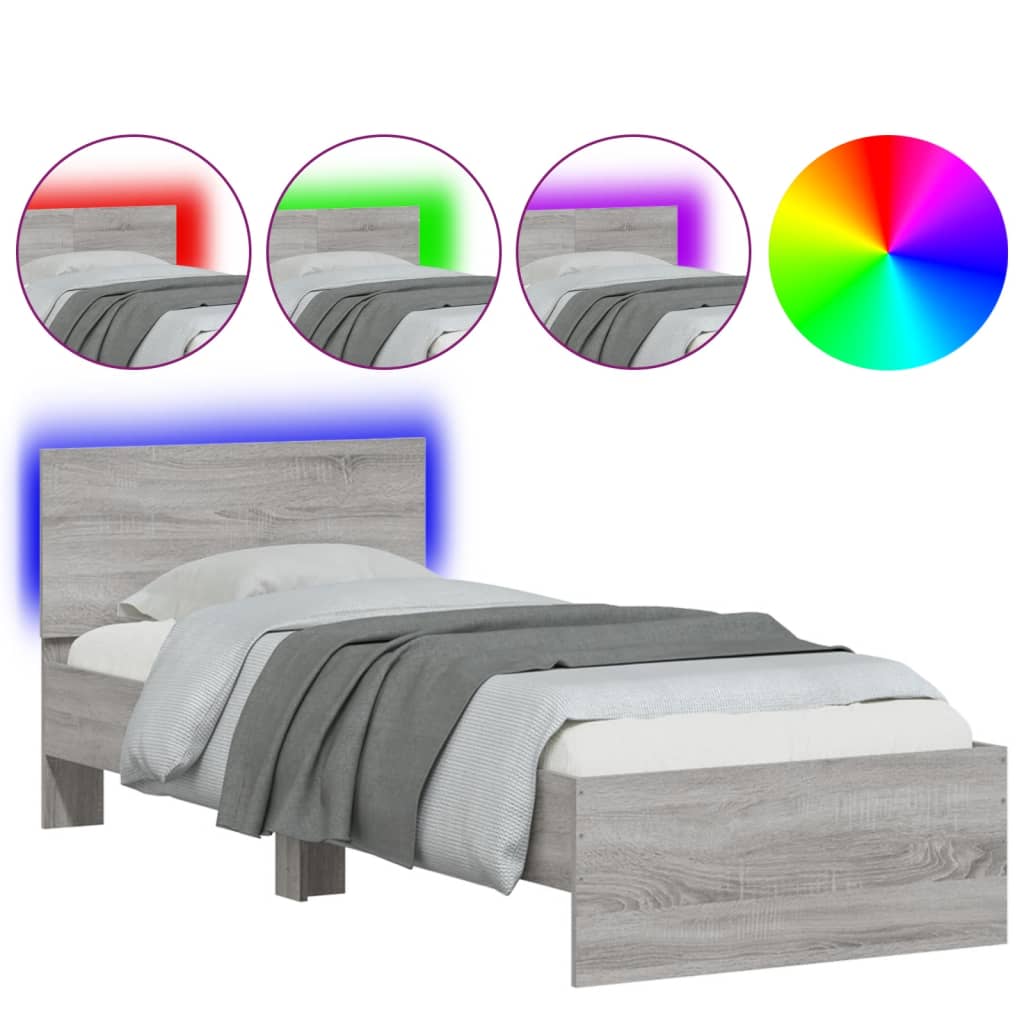 Bed frame with headboard and LED lights Grey Sonoma 90x200 cm