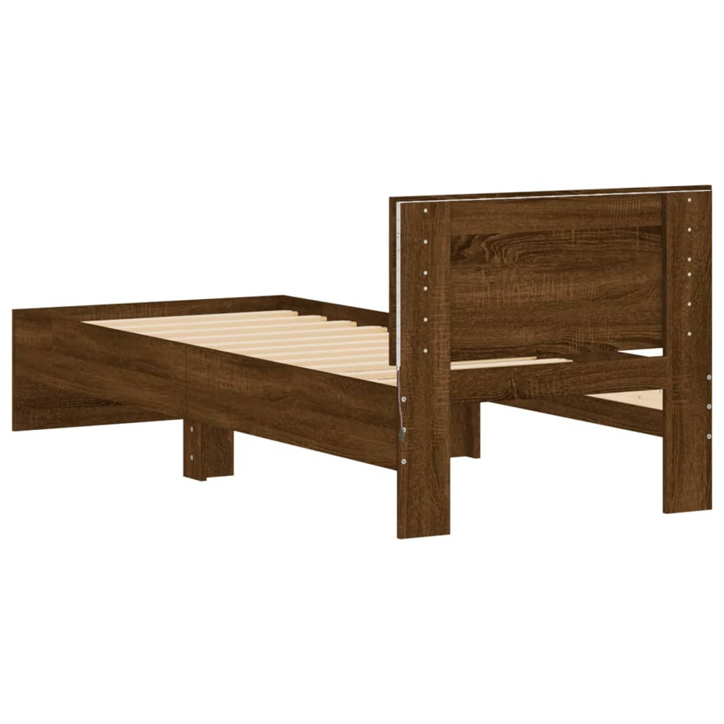 Bed frame with headboard and LED lights brown oak 90x200 cm