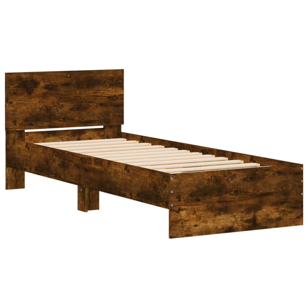 Bed frame with headboard and LED lights smoked oak 75x190cm