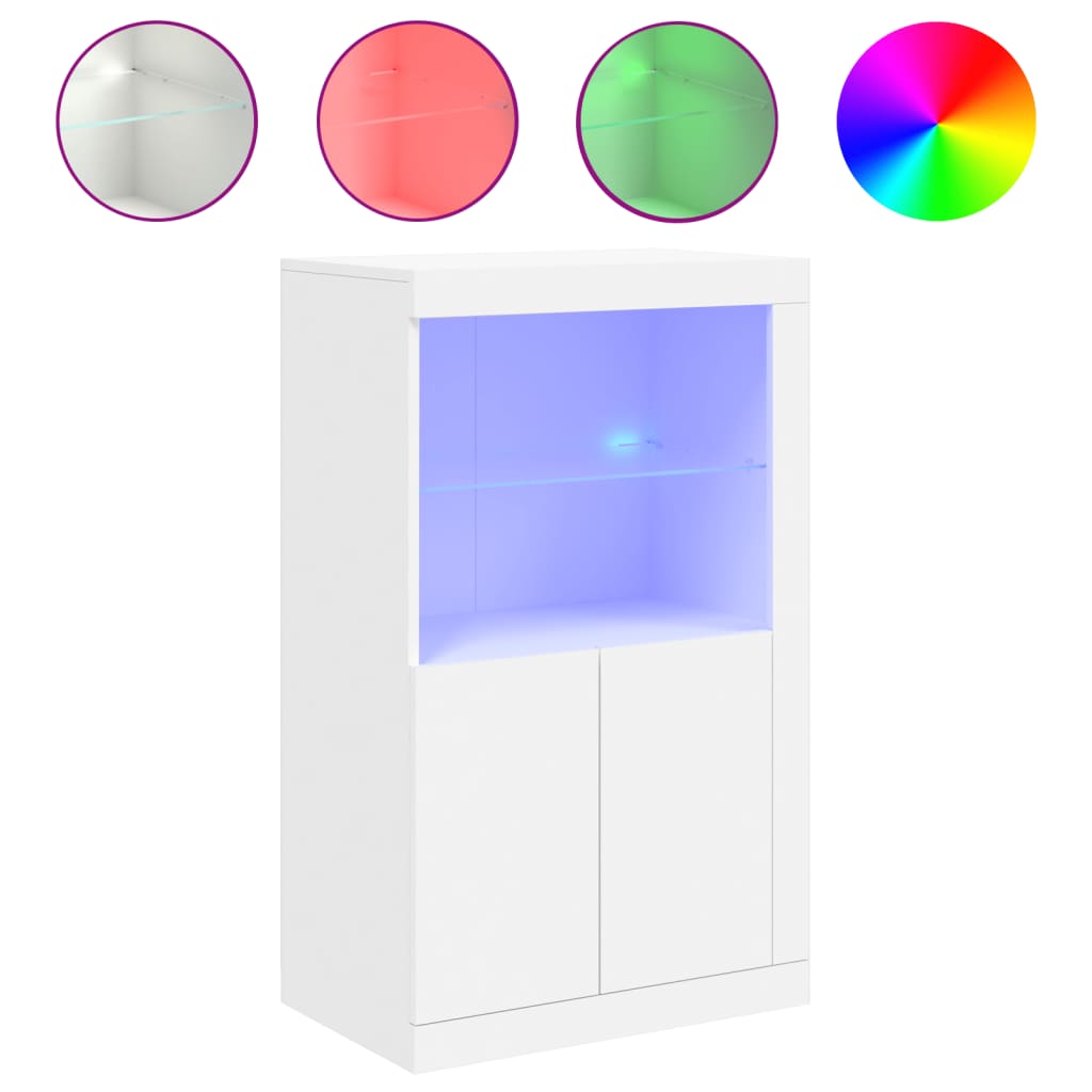 Side Cabinet with LED Lights White Wood Material