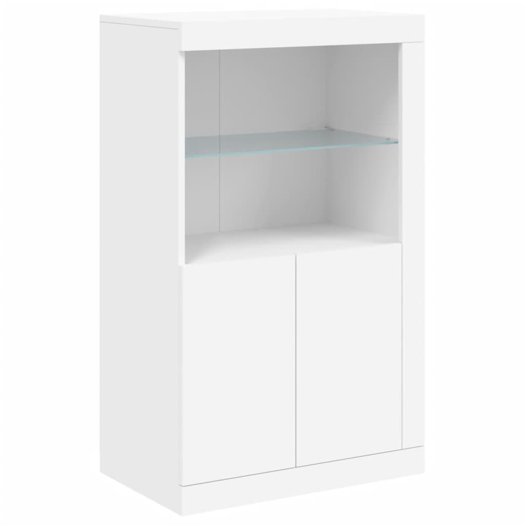 Side Cabinet with LED Lights White Wood Material