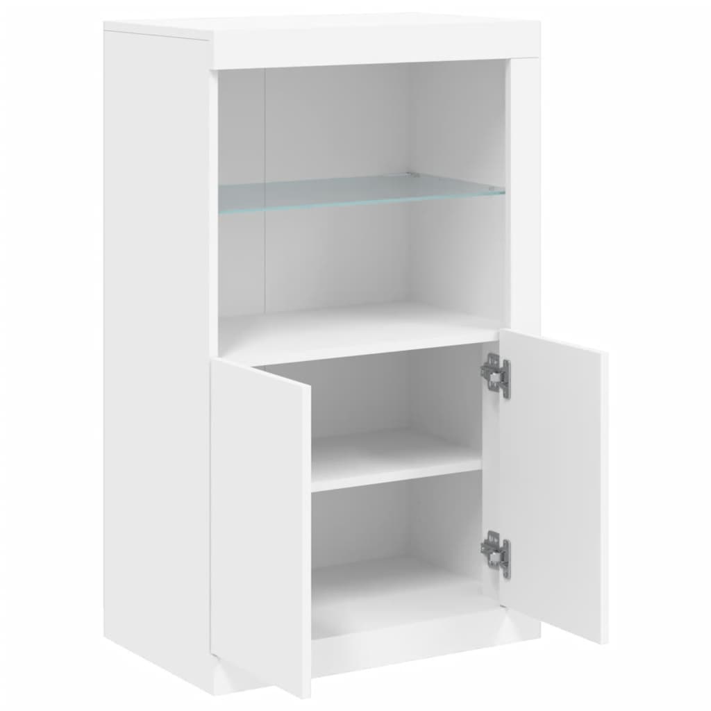 Side Cabinet with LED Lights White Wood Material