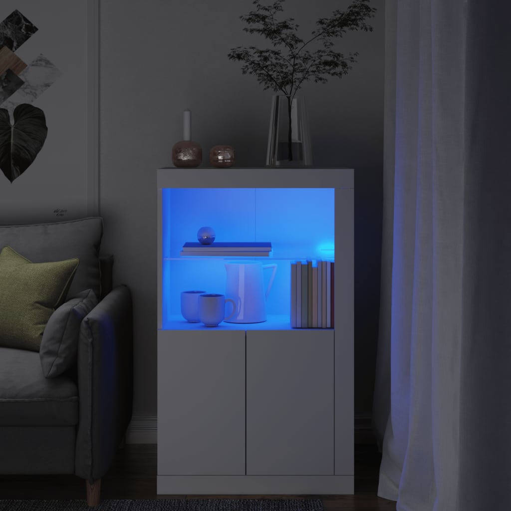 Side Cabinet with LED Lights White Wood Material