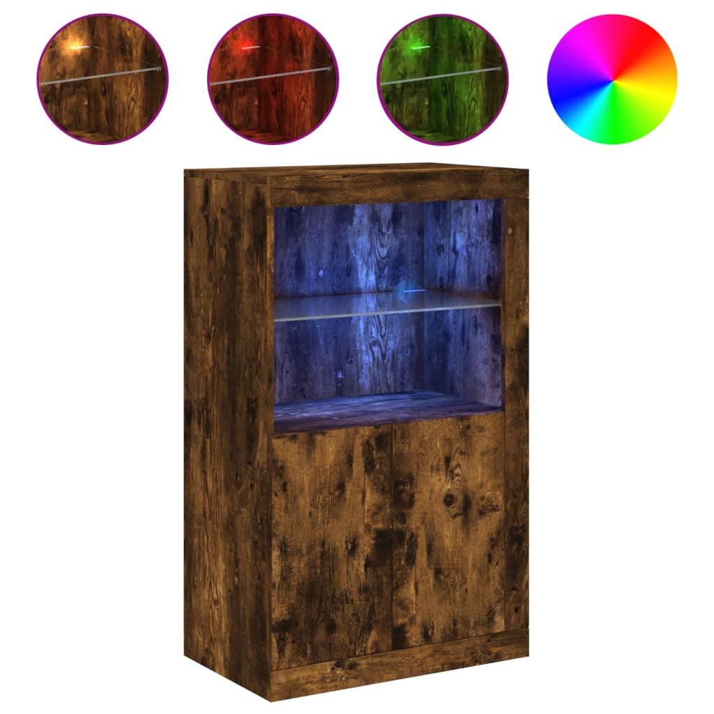 Side cabinet with LED lights smoked oak wood material