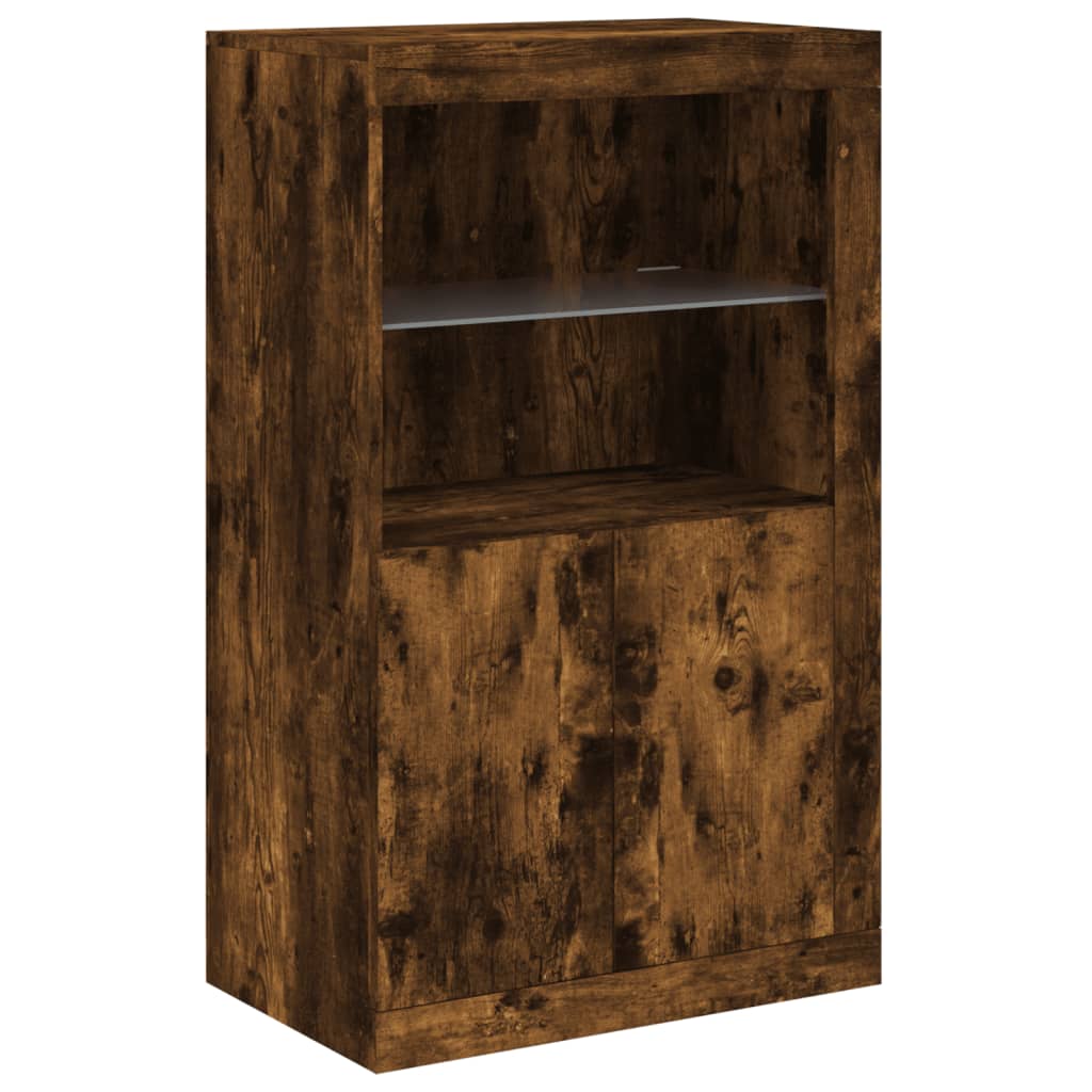 Side cabinet with LED lights smoked oak wood material